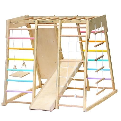 Curious Cub 7 in 1 Jungle Gym Set for Kids - Durable Climbing Triangle for Toddlers, Colorful Climbing Toys Indoor with Swing, Rope & Rock Climb, Monkey Bar, Ramp & Slide