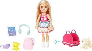 Barbie Toys, Chelsea Doll and Accessories, Travel Set with Puppy and 6 Pieces Including Pet Carrier