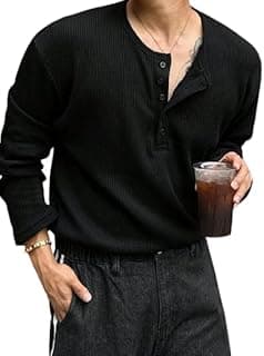 Trillion Men's Textured Fabric Solid Color Basic Half-Open Collar T-Shirt, Fall Long Sleeve Men Shirt | Tshirt for Men