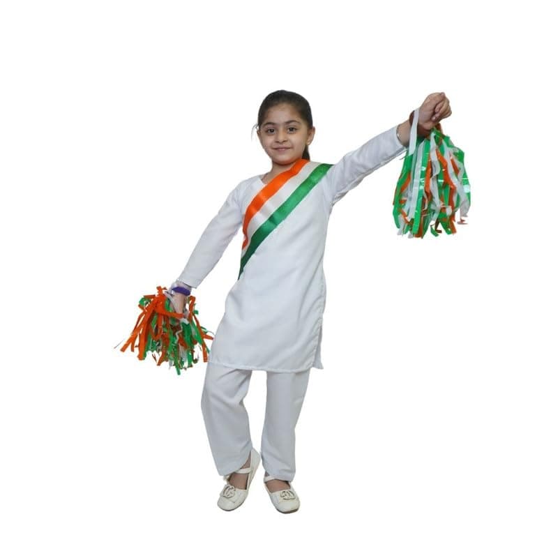 Kaku Fancy Dresses Indian Wear Salwar Kameez Costume for Independence Day/Republic Day | Tri Color Dupatta Stole Pompom Set for Girls