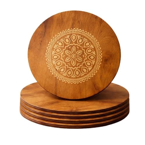 Round Wooden Trivet Set of 4 (20cm) | Heat Resistant Hot Pot Stand | Bamboo Table Mats with Engraved Design | Anti-Slip Dining Table Protector | Wooden Coaster for Kitchen & Cookware