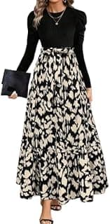 HKV Women's Long Sleeve Maxi Dress, Black Ribbed Top with Floral Print Dress, A-Line Swing StyleE