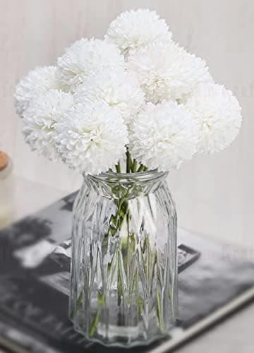 SATYAM KRAFT 10 Pcs Artificial Chrysanthemum Hydrangea Ball Flower Sticks for Home, Office, Bedroom, Balcony, Living Room, Wedding & Craft Decoration (Fabric, Without Vase) (White, 10 PCS)