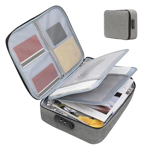 Handcuffs File Organizer with 3-Digit Password Lock, Multi-Layer Document Storage Bag with Handle & Zippers, Office & Travel Use (Grey)