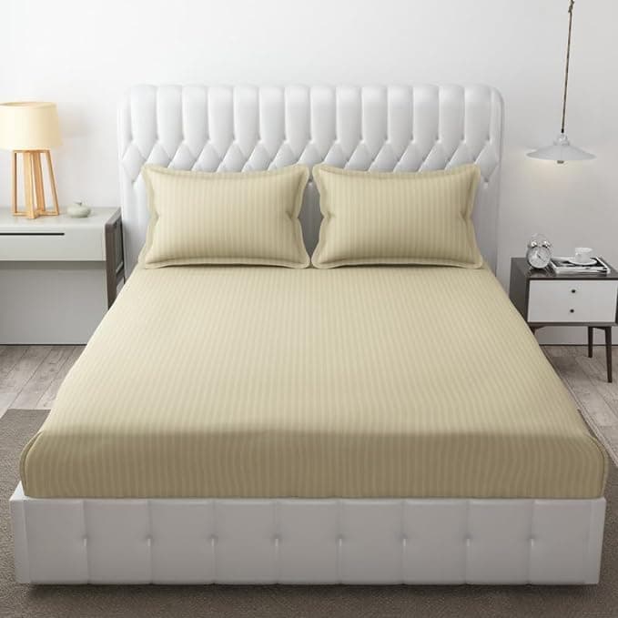 DECOR2ADMIRE 300TC Cotton Plain Stripe Queen Size Double Bedsheet for Double Bed with Two Pillow Covers (Queen, Cream) (90 * 100 Inches)