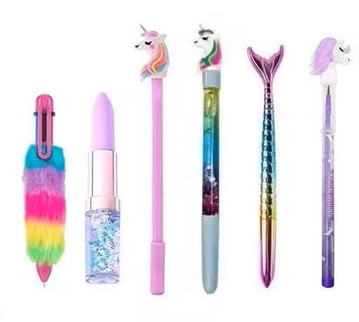 Eclet pens combo of unicorn pen, unicorn pencil, mermaid fish pen, unicorn glitter pen, lipstick water pen,fur pen for kids birthday return gift e1