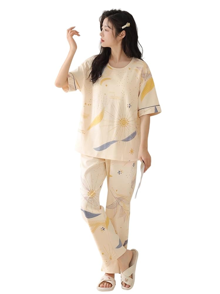 Celary Women's Korean Night Suit Set | Round Neck Full Sleeve Top & Printed Ankle Length Pyjama | Skin-Friendly Fabric Soft Breathable Stretchable Loungewear | M to 2XL