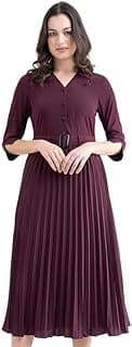 FableStreet Women's Casual A-line Striped Maroon Shirt Dress