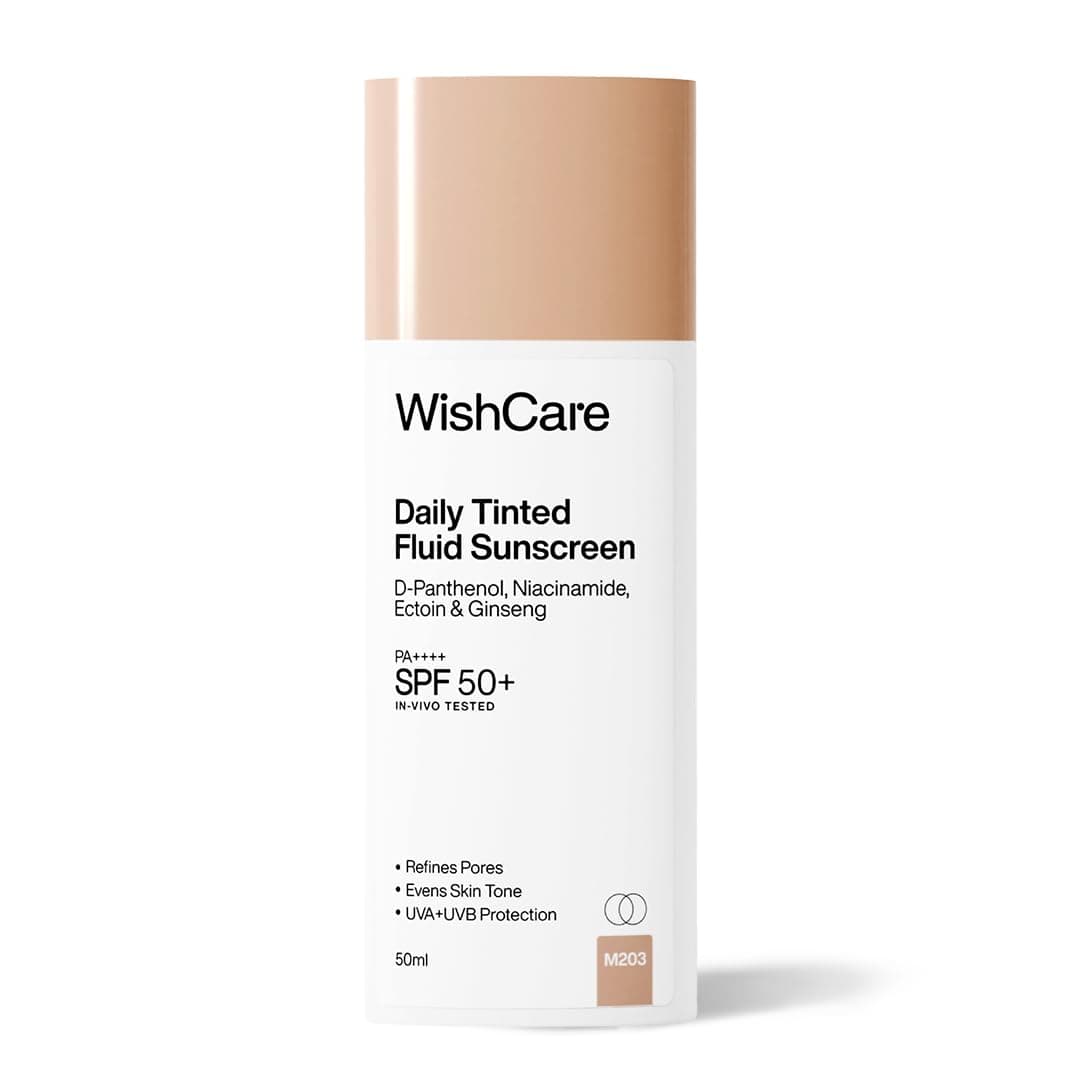 WishCare Daily Fluid Tinted Sunscreen SPF50 PA++++| M203 | Broad Spectrum Protection for all skin types | In-Vivo Tested Tinted Sun Screen | D-Panthenol, Niacinamide, Ectoin & Ginseng | Evens & Protects | 50ml
