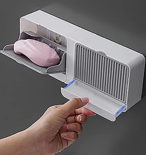PERPART Soap Box - No-Drilling Wall Mounted Soap Box with Lid Double Grids Soap Draining Rack Bathroom Soap Holder Double Grid-Asphalt Toilet Laundry Soap Box with Double Soap Holder & Drain Tray