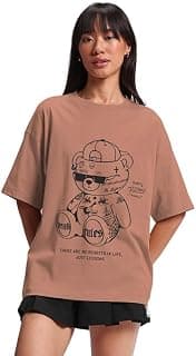 JUNEBERRY 100% Pure Cotton Oversized Loose Baggy Fit Drop Shoulder Half Sleeve Round Neck Cool Front Teddy Printed Cork & White T-Shirt for Women/Girls (Available in from S to 2XL)