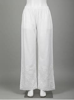 Generic White Cotton Chikankari Palazzo Pants for Women, Embroidered Floral Design with Lace Hem, Wide Leg