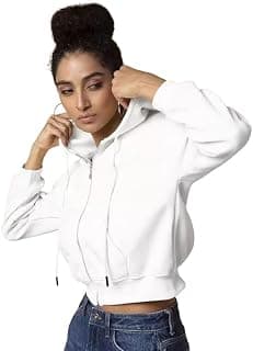 Soft Fleece Solid Long Sleeve Drawstring Crop Zipper Jacket Hooded Full Zip Up Sweatshirt for Women's Girl's Winter Wear Crop Hoodie |