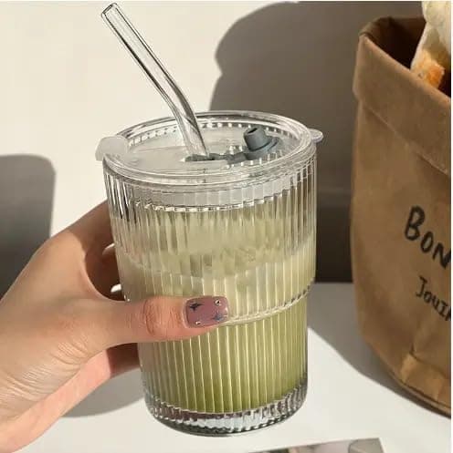 TAMQUSAK Drink Coffee Glass Cup With Lid And Straw Transparent Bubble Tea Cup Juice Glass Milk Mocha Cup Breakfast Mug (Pack Of 1), 400 ML