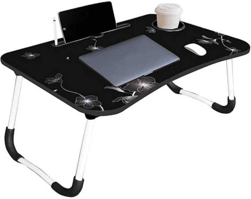 YAJNAS Multipurpose Wooden Foldable Laptop Table with Cup & Tab Holder | Study, Breakfast, Reading Table | Black Flower