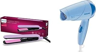 PHILIPS Bhs393/40 Straightener With Silkprotect Technology. Straighten, Curl, Suitable For All Hair Types, Lavender & Hp8100/60 Hair Dryer (Blue) - 1000 Watts