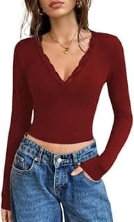 TIVANTE Solid V Neck Lace Tops for Women || Crop Top for Women Stylish Western || Ribbed Tops || Full Sleeves Top || Winter Top