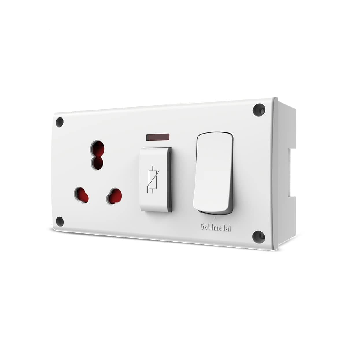 Goldmedal Essenza 16A Switch Socket with Junction Box | Modular 5 in 1 Combined Plate with Switch & Indicator | Heavy-Duty Power Socket for Home & Office Use | White