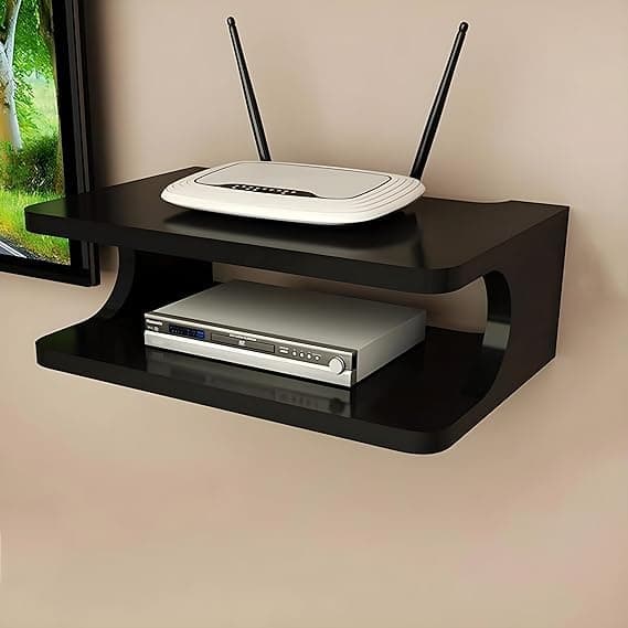 FURNIFOX Wooden Set Top Box Wall Shelf WiFi Router Holder Wooden Wall Shelves | Setup Box Stand for Home (Black)
