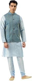 SOJANYA (Since 1958 Men's Silk Blend SkyBlue Kurta Pyjama & PeacockBlue Self Design Nehru Jacket Combo