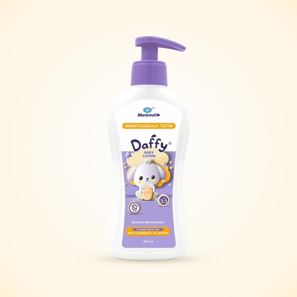 Daffy Baby Lotion by Mankind for Newborns & Babies | Gentle Daily Moisturising Lotion with Calendula & Allantoin | Paediatrician Tested, pH 5.5 Balanced Formula for Sensitive Baby Skin | Mild, Hypoallergenic & Non-Sticky Baby Moisturiser | 200 ml