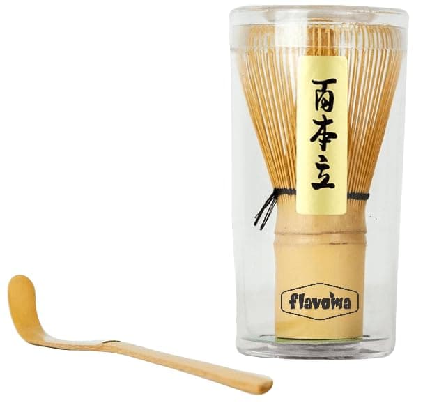 Flavoma Japanese Handmade Bamboo Matcha Whisk Sets of 2 (Delicate Match Brush Japanese Style) + Traditional Scoop (Chashaku), The Perfect Set to Prepare a Traditional Cup of Matcha.