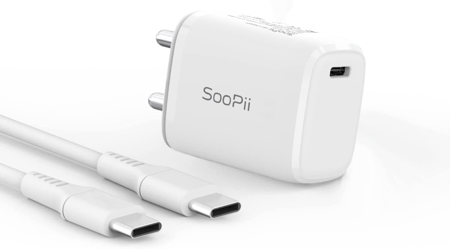 SooPii PD10 20W Wall Charger + PD C to C Cable, with Fast Charging for PD Devices, Smart IC Protection, Auto Detection and Corrosion Resistant Pins Compatible with All PD Supported Devices