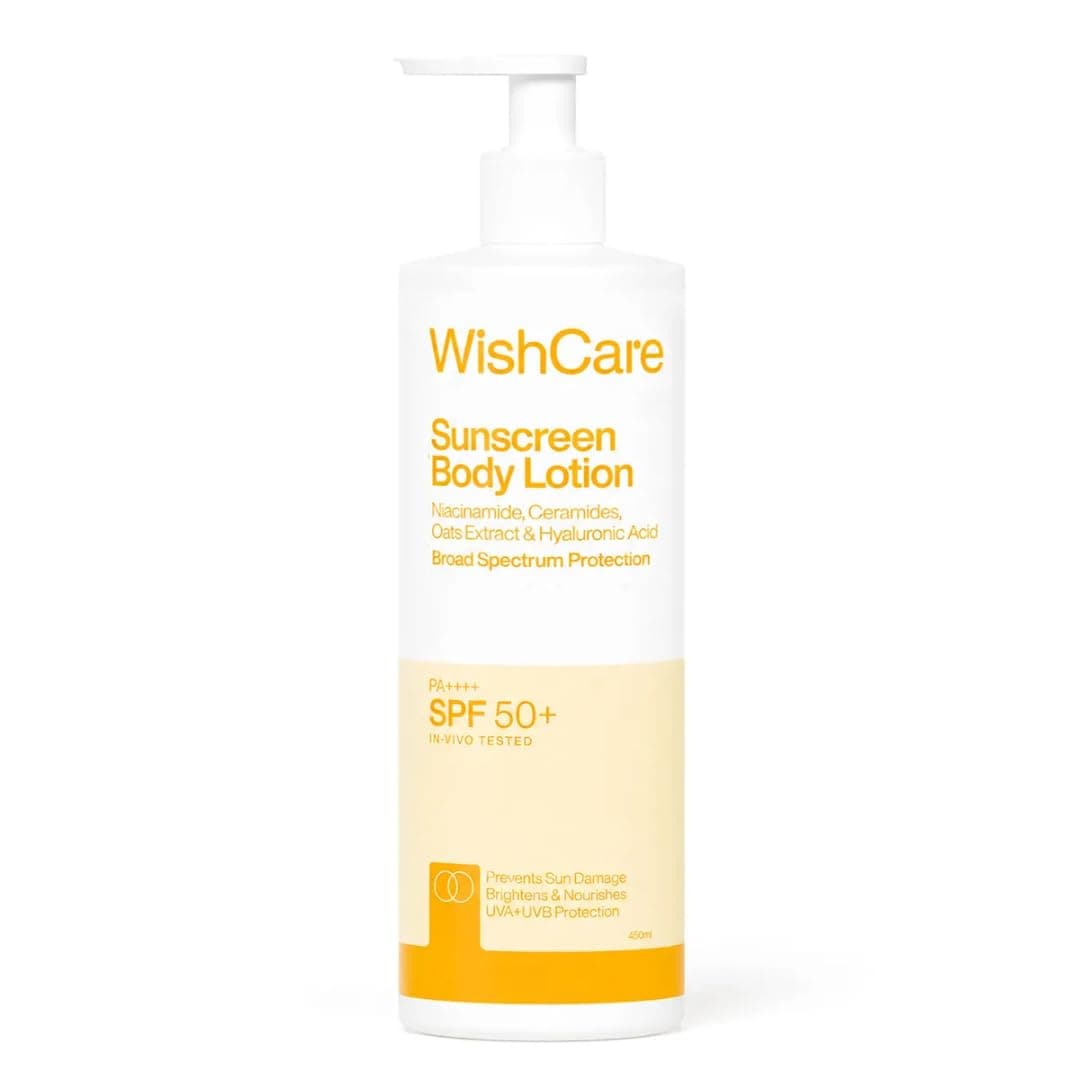 WishCare Sunscreen Body Lotion with SPF 50 PA+++ In- Vivo Tested | Body Sunscreen With Broad Spectrum UVA & UVB Protection, No White Cast | With Carrot Seed & Raspberry | For All Skin Types | For Women & Men | 450ml
