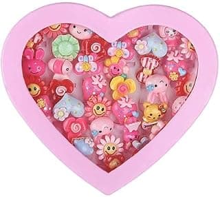 Hair Sparkles Adjustable Kids Cartoon Rings Set, 36 Pieces, Heart-Shaped Display Box, Pink