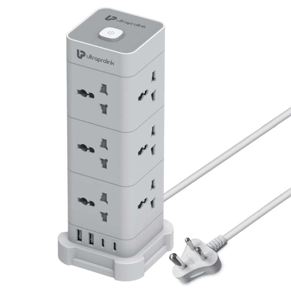 UltraProlink 16 in 1 Tower Extension Board | Surge Protector & Spike Guard | 12 AC Sockets (2500W) +2 USB-A +2 Type C Port 3.4A-17W | 2m ISI Cable Power Strip for Home | Power Tower 12 | UM1190U