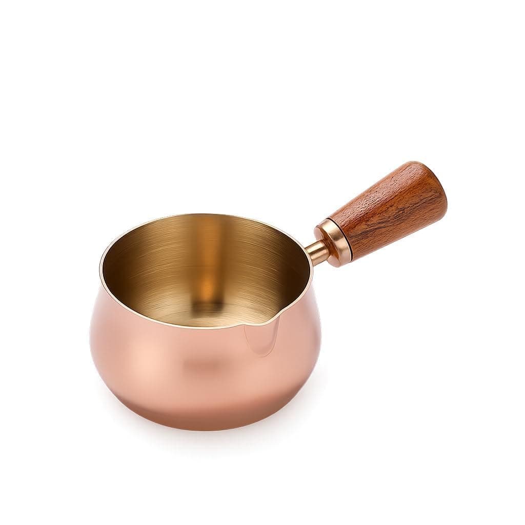 BZIVO Stainless Steel Mini Milk Pan with Wooden Handle & Spouts | Butter Warmer, Sauce Boiler, Chocolate Melting Pot Includes Rose Gold Measuring Cups & 50ml Food Scoop