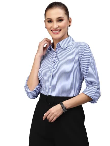 Style Quotient Women Gray and White Cotton Stripe Smart Casual Shirt