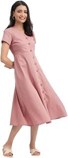 Pink Fort Women Casual Linen Blend Dress | A-Line Flared Midi Dress | Pink