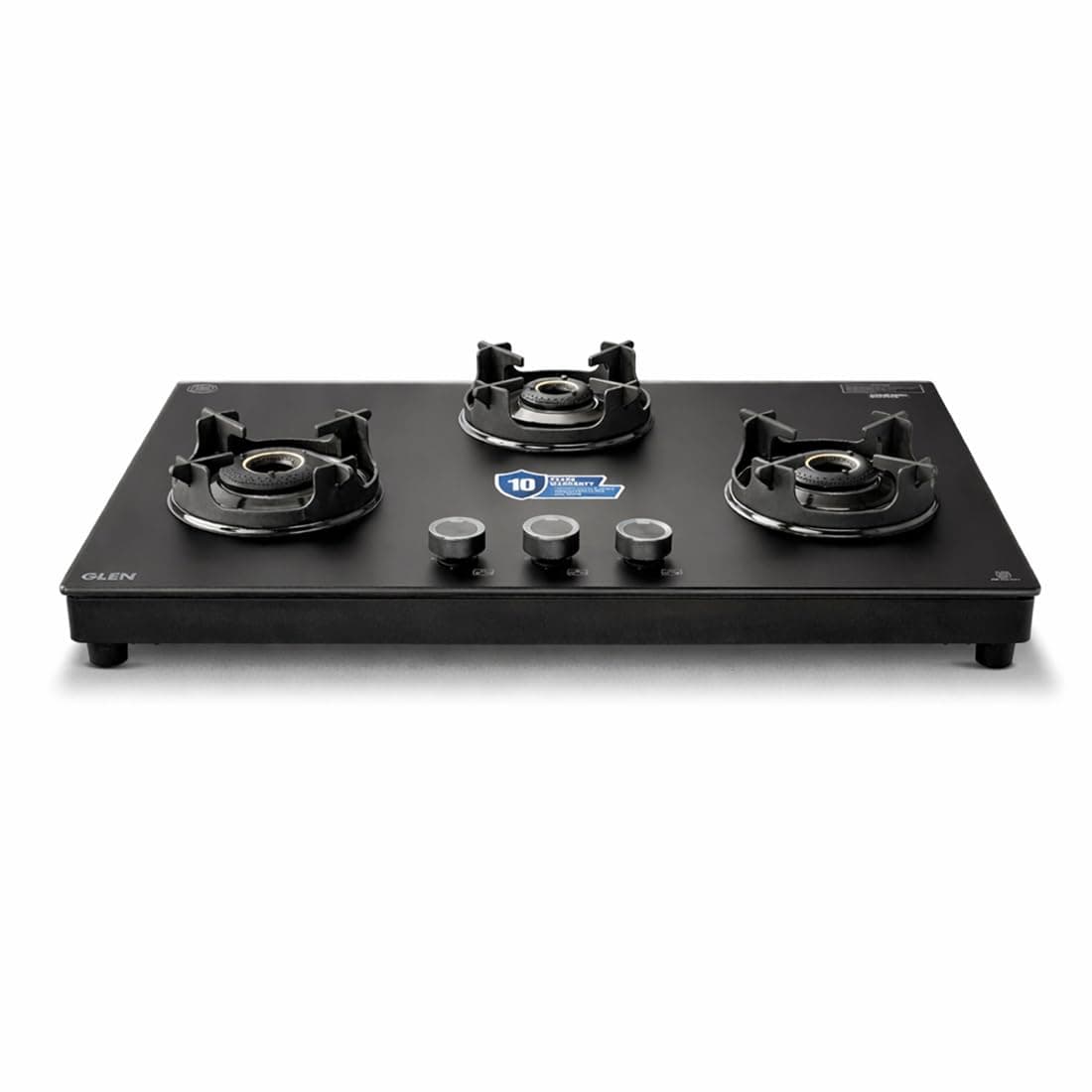 Glen Premium LPG Gas Stove 3 Burner Glass Top | 10-Year Warranty | 1 Jumbo Forged Brass Burner | Matt Finish Glass | 360° Revolving Nozzle | Manual Ignition | LPG & PNG Compatible | 1037USMG