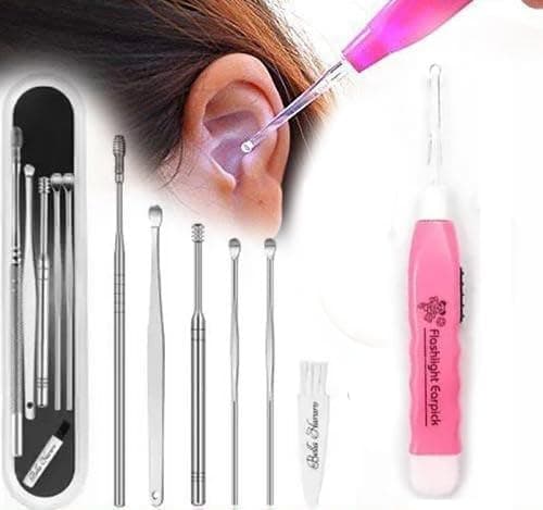 Ear Wax Cleaner Kit with LED Light, 6 Pcs Stainless Steel Ear Pick Set with Storage Box, Reusable Earwax Remover Curette Tools for Safe Ear Cleaning for Adults & Kids