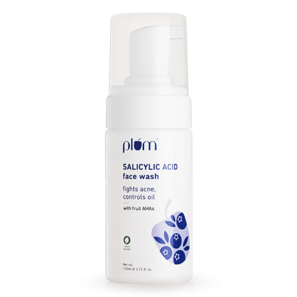 Plum 1% Encapsulated Salicylic Acid Foaming Face Wash | Fights Active Acne, controls oil & deep cleanses pores | with Glycolic Acid & Fruit AHAs | All Skin Types | Face Cleanser for Women & Men | 110ml