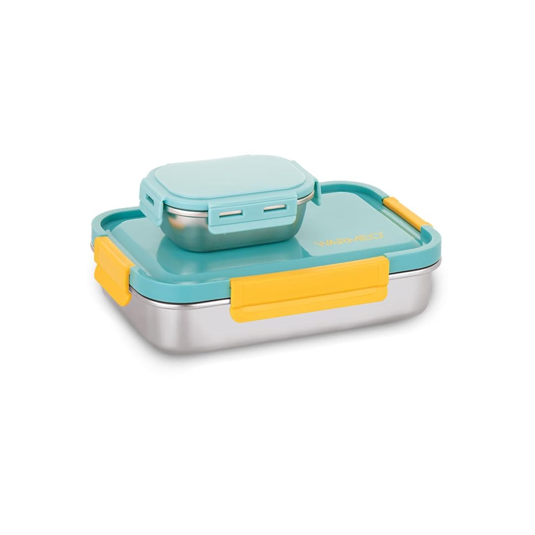 WARMEO Carnival Stainless Steel Airtight Leak-Proof Lunch Box, Light Weight, Easy to Clean, Perfect for Office, School, Picnic & Travelling, Set of 2 (800ml+150ml) Aqua & Yellow