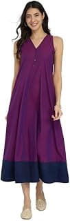 Pink Fort Casual Cotton Colourblock A-Line Dress | A-Line Fit V-Neck Sleevless Dress