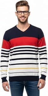 Forwards V-Neck Striped Full-Sleeve Knitted Sweater for Men [Pullover]