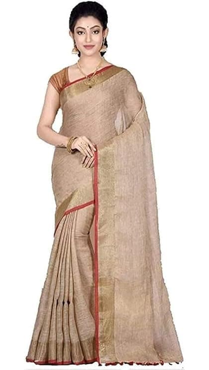 HAIDER ALI AND SONS HAIDER ALI Women's Handloom Bhagalpuri Linen Cotton Blend Saree Ethnic Wear with Contrast Unstitched Blouse Piece |, Brown