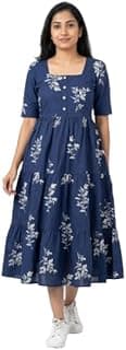 MUSANIYAA Women's Cotton Floral Leaf Print Tiered Midi Dress – Square Neck, Short Sleeve A-Line Smock Dress for Casual Summer & Vacation Wear