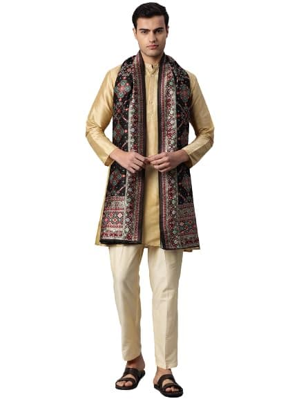 Amazon Brand - Anarva Men's Cotton Black Woven Thread With Gold Zari Thread Embroidery Unisex Dupatta (SZ-MWDP-BL-02_black_dupatta length: 2.4 Meter, dupatta width: 0.93 meter_onesize)
