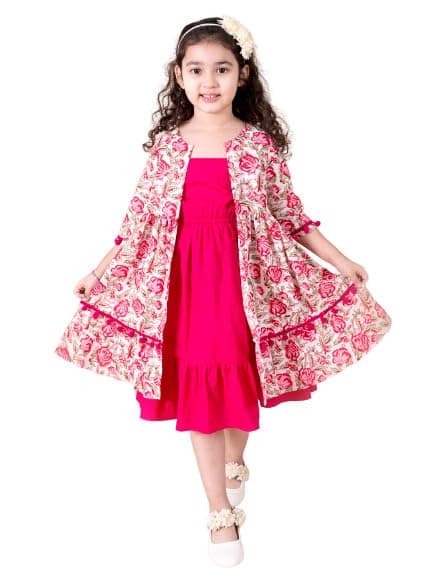 Pspeaches Girls Ethnic Pink Cotton 2-Piece Dress with Floral Print Cape|Party & Casual Wear