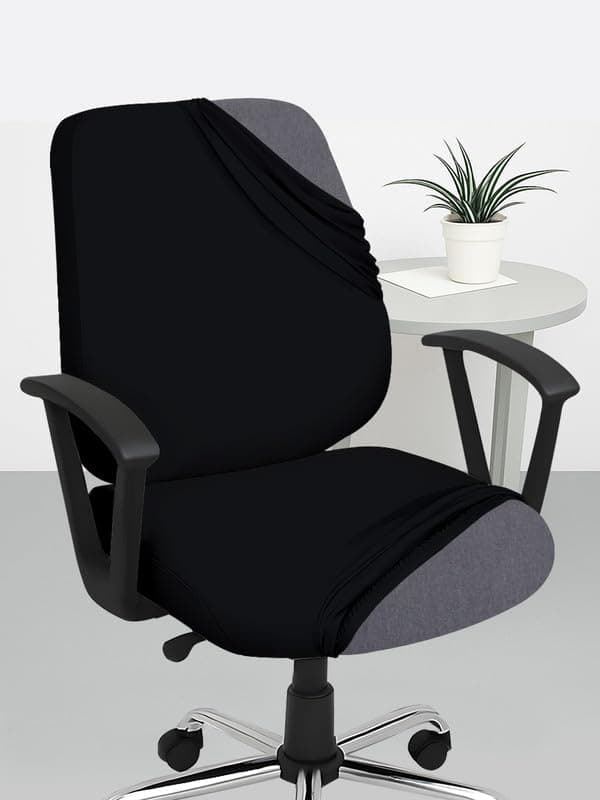 HOTKEI Black 2 Piece Set of 1 Office Chair Cover 200GSM Fabric Stretchable Elastic Polyester Removable Washable Office Computer Desk Executive Rotating Chair Seat Covers Slipcover Protector