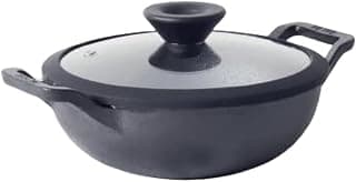 Meyer Pre Seasoned Cast Iron Kadai|Iron Kadhai with Lid for Cooking and Stir Frying | Heavy Base Iron Kadai Small Size | Gas Stove and Induction Friendly 20cm/ 1.5 Liters, Black