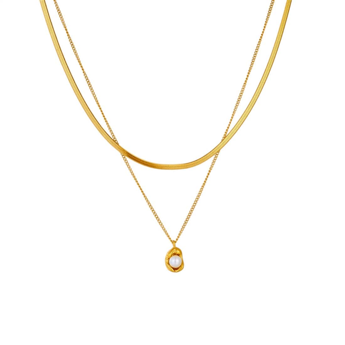 Aaishwarya 18K Gold Plated Pearl Pendant Layered Necklace | Antitarnish Stainless Steel | 2 Layered Snake Chain | Jewelry Gift for Women and Girls
