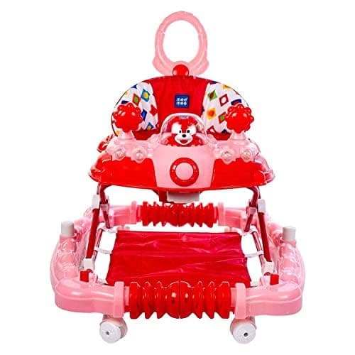 Mee Mee Baby 2 in 1 Walker & Rocker | 3 Level Adjustable Height, Light, Rattle & Musical Toys | Anti-Rollover Folding 360° Walker for Boys, Girls, Kids | Anti Fall Anti Skid | 6-24 Months 15kg (Pink)
