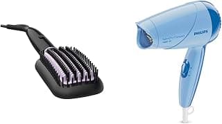 PHILIPS BHH880/10 50 Watts Heated Straightening Brush with Thermoprotect Technology (Black) & Philips HP8100/60 Hair Dryer (Blue)