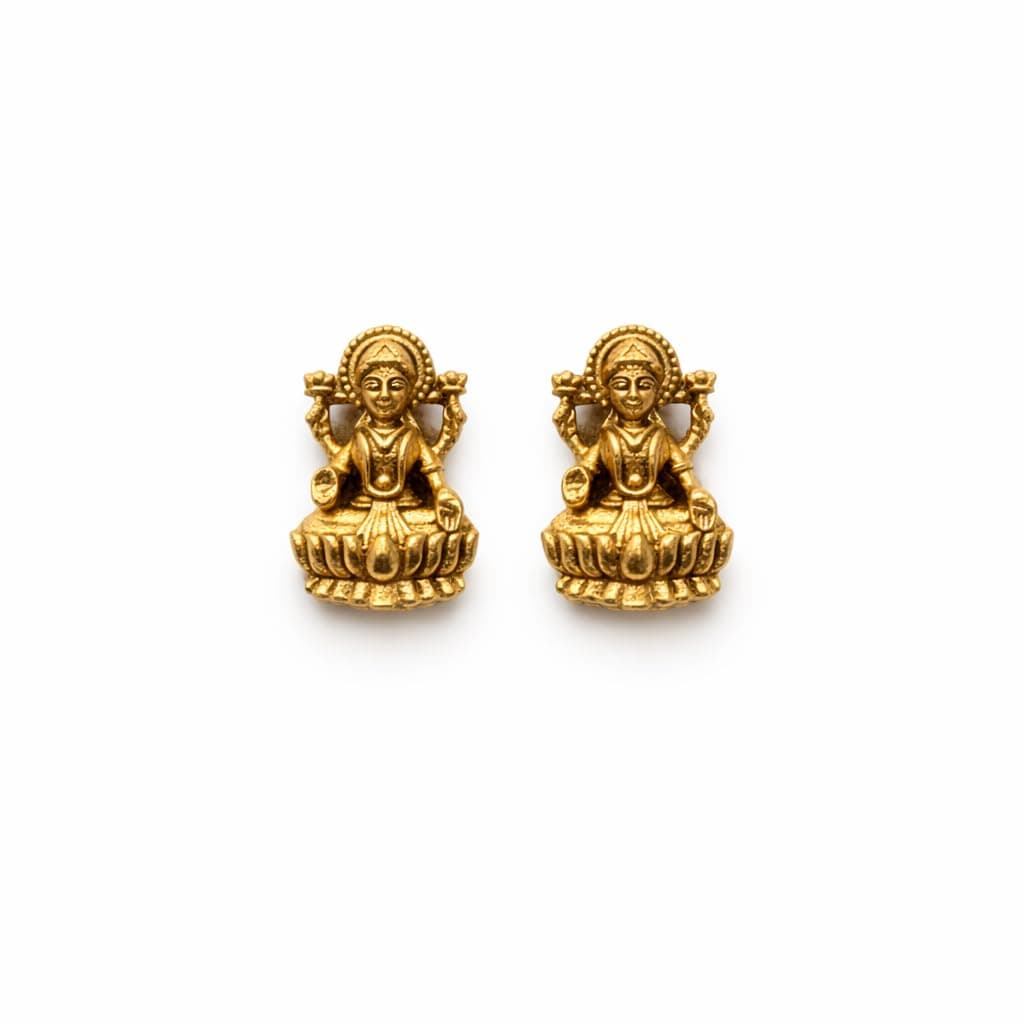 Maa Laxmi Gold Plated Brass Stud Earrings for Women | Oxidized Brass Small Traditional Lakshmi Devi Push Back Temple Jewellery Wear Gift