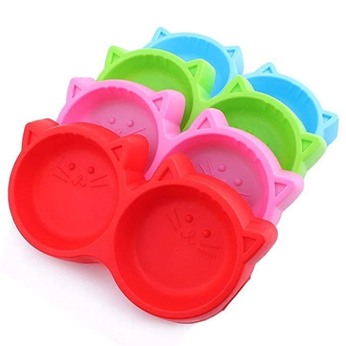 Woofy Non-Slip & Non-Toxic Pet Feeding Plastic Cat Face Shaped Double Bowl Food & Water Feeder 2-in-1 Bowl for Dogs and Cats (Color May Vary)